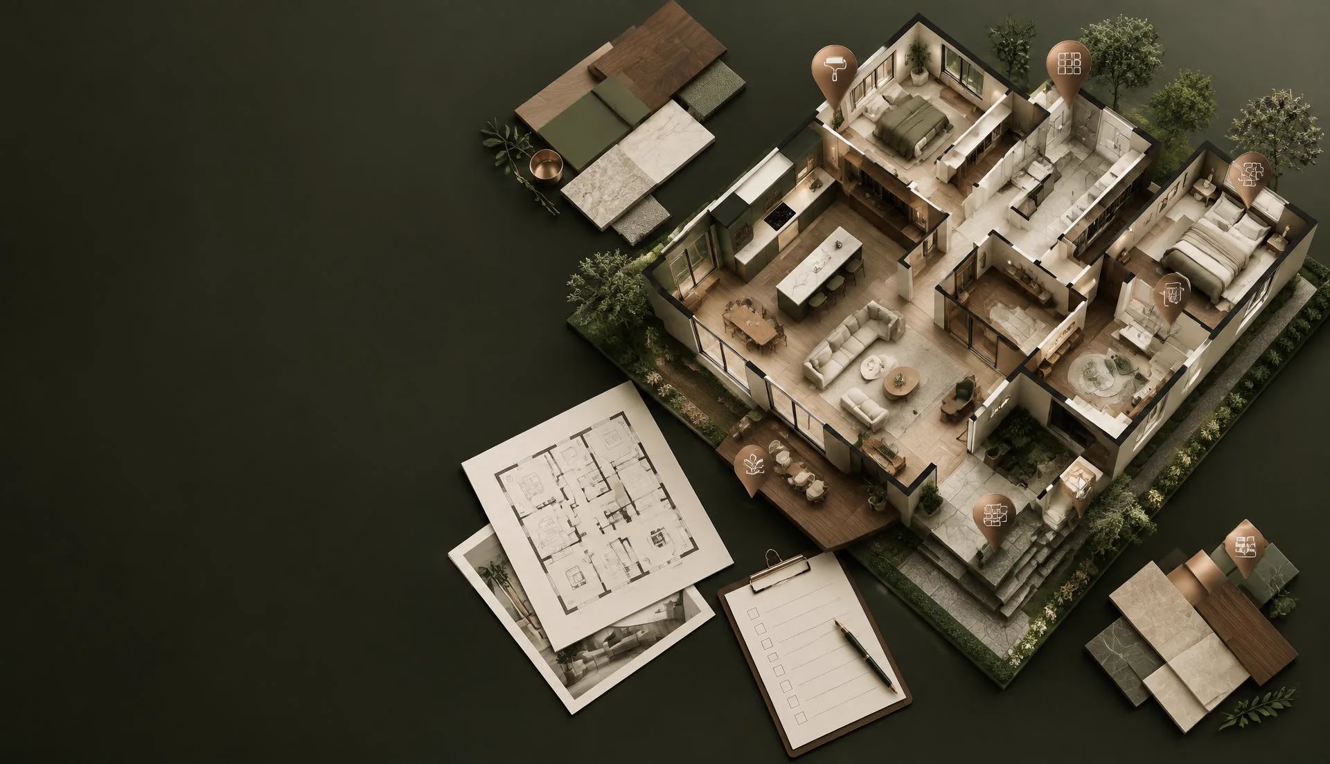 Isometric whole home planning scene with floor plans and material samples
