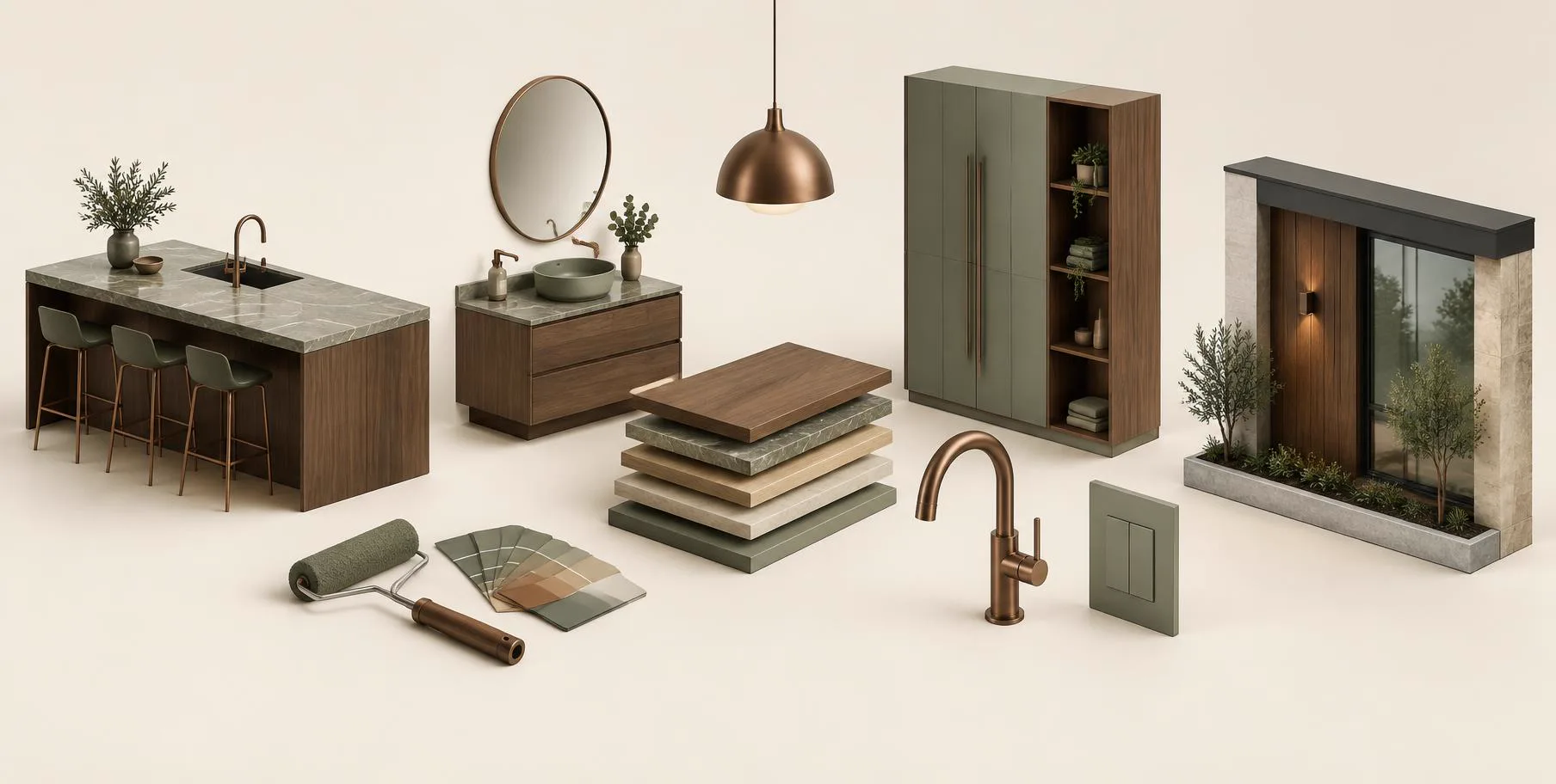 Isometric collection of renovation materials and home fixtures