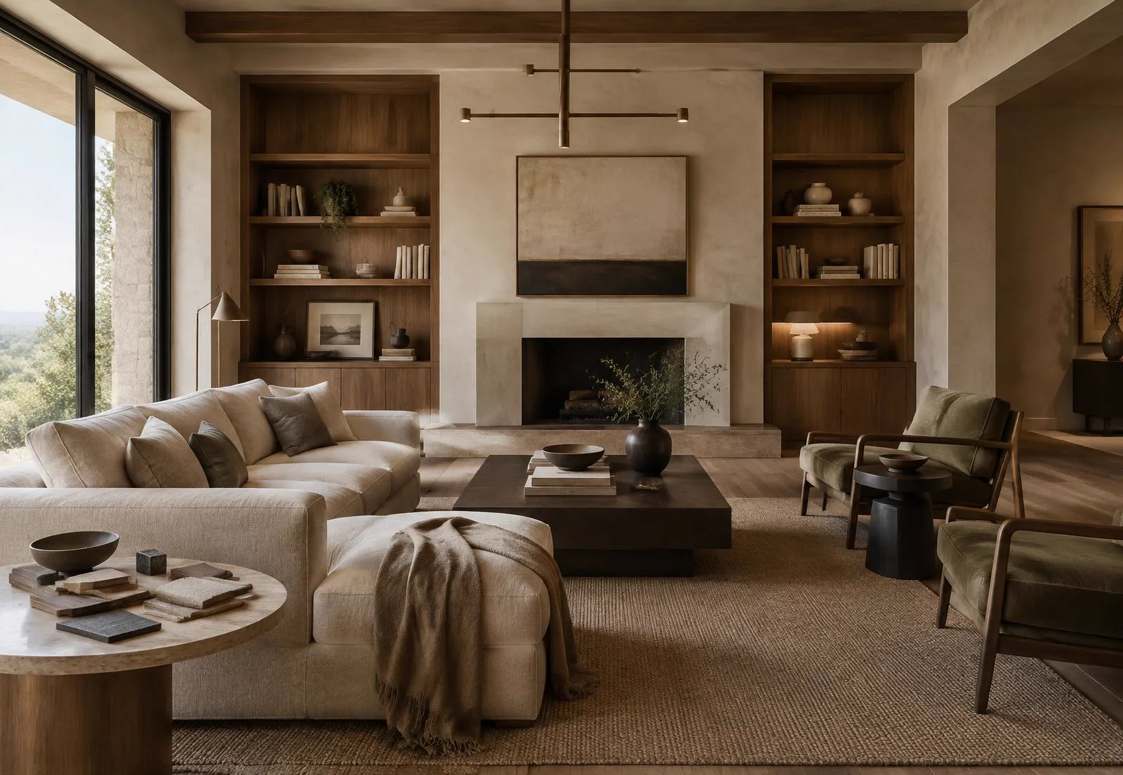 Warm contemporary living room with built-in storage and material samples