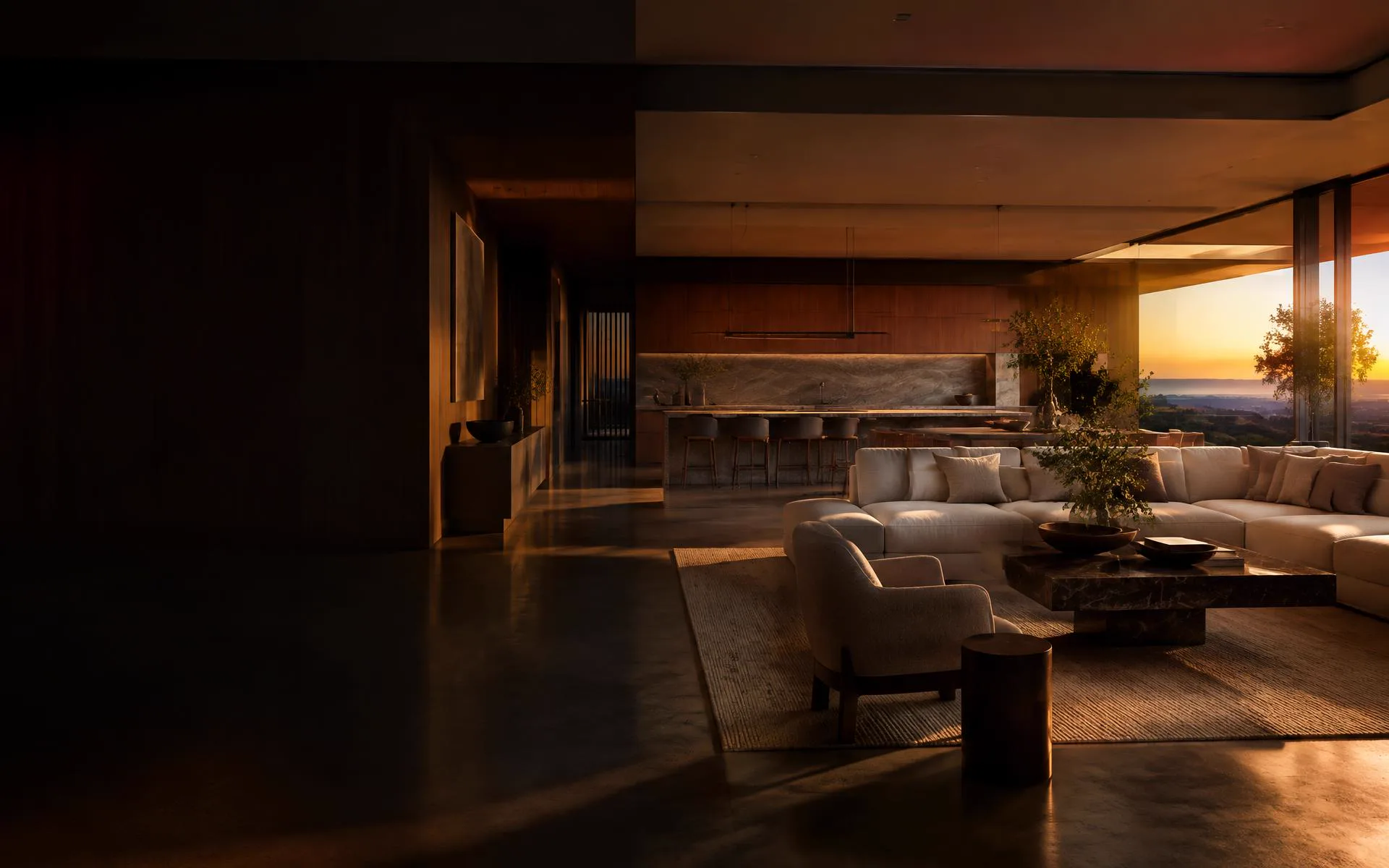A refined contemporary home interior at golden hour